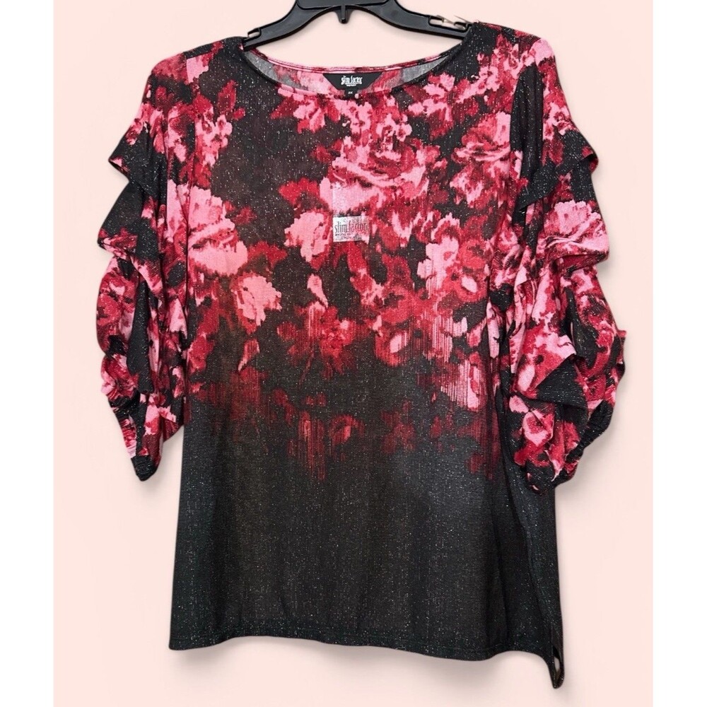 Investments Slim Factor Red Pink Rose Blouse With Ruffled Sleeves | 2X